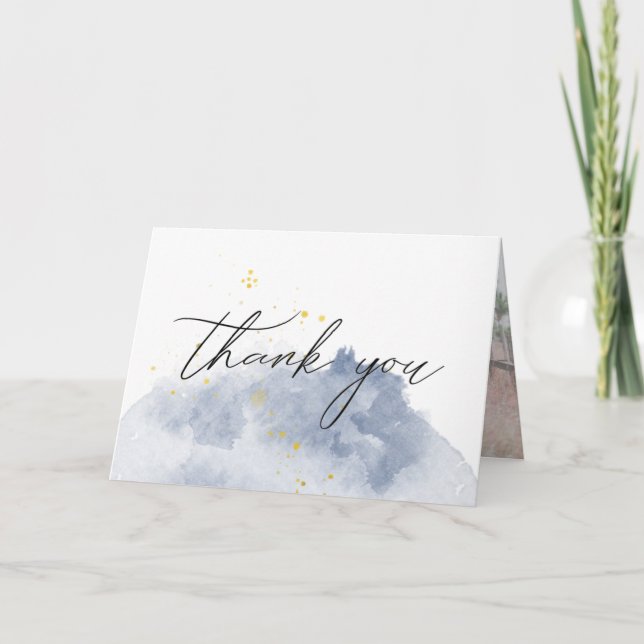Dusty Gold and Blue Elegant Photo Thank You Card (Front)