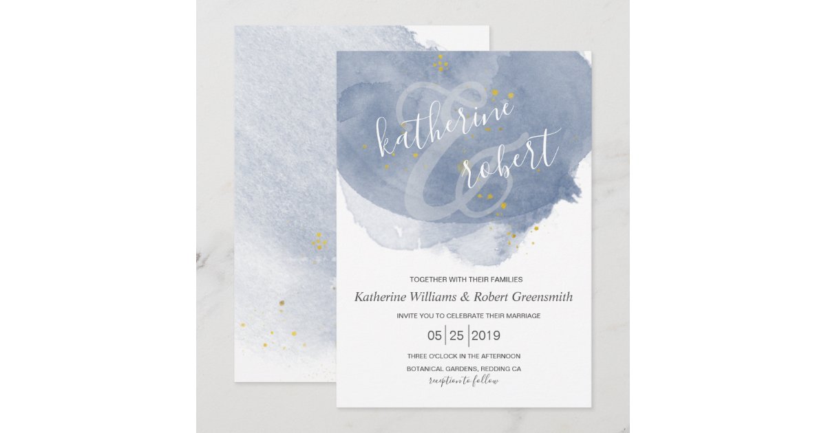 Dusty Gold and Blue Elegant Wedding Invitation | Zazzle