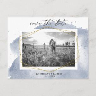 Dusty Gold and Blue Photo Save The Date Postcard
