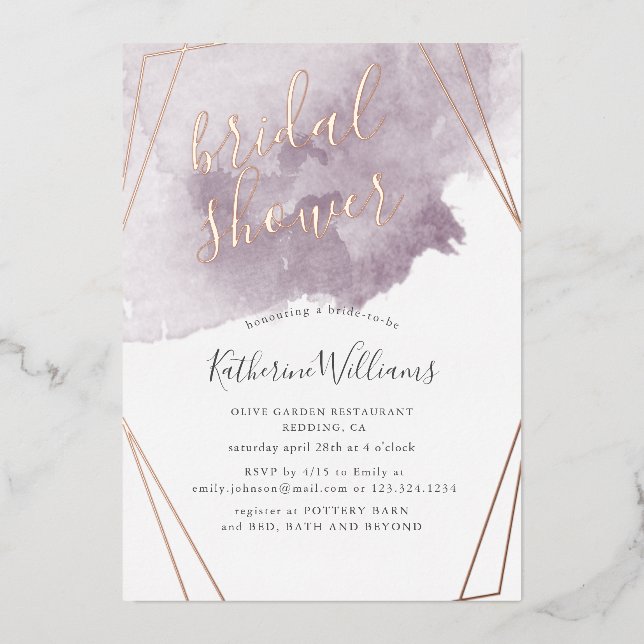 Dusty Gold and Mauve Bridal Shower Foil Invitation (Front)