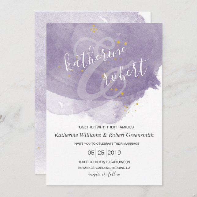 Dusty Gold and Purple Elegant Wedding Invitation (Front/Back)