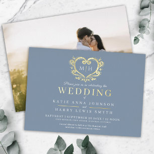 Dusty gray blue and gold heart photo wedding foil invitation