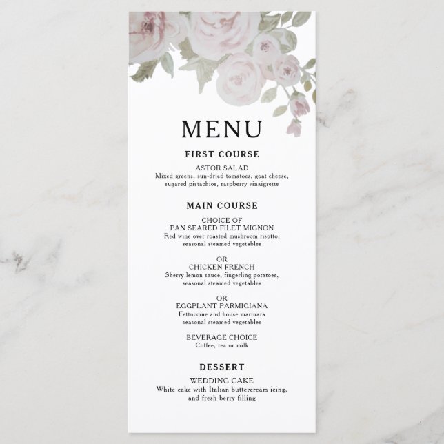 Dusty Gray Pink Rose Floral Watercolor Wed Menu (Front)