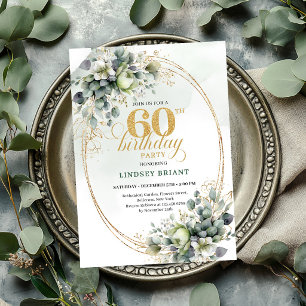 Dusty Green 60th Birthday Botanical Leaf Invite