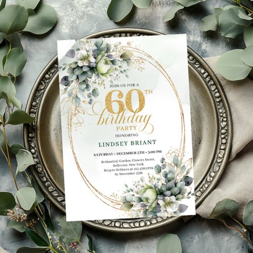 Dusty Green 60th Birthday Botanical Leaf Invite