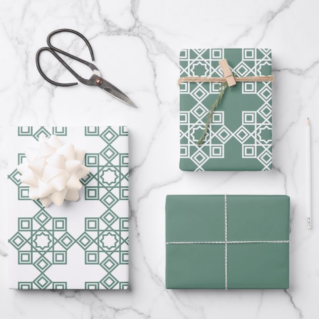 Dusty Green Arabesque Geometric Pattern Wrapping Paper Sheets (Front)