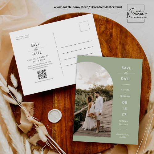 Dusty Green Arch Photo QR Code Save the Date Postcard