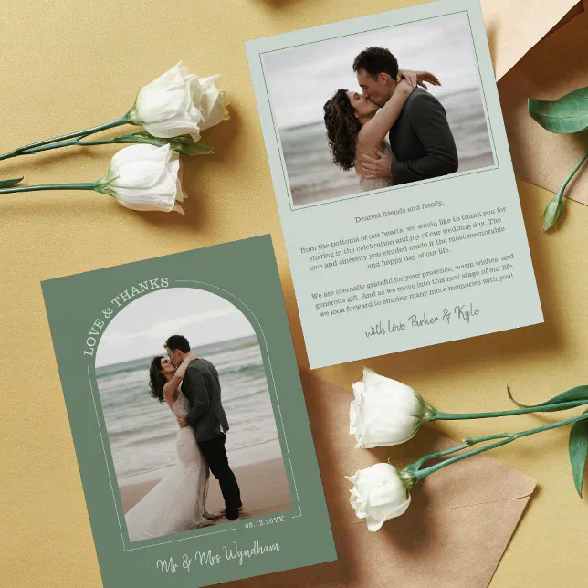 Dusty Green Arch Wedding Photo Love & Thanks Thank You Card | Zazzle