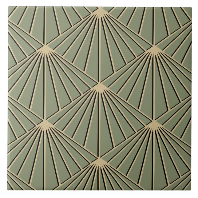 Dusty Green Art Deco Fan Pattern Diamond Ceramic Tile (Front)