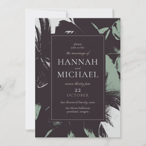 Dusty Green Black Abstract Floral Wedding Invitation