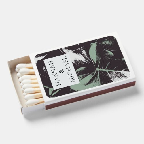 Dusty Green Black Abstract Floral Wedding Matchboxes