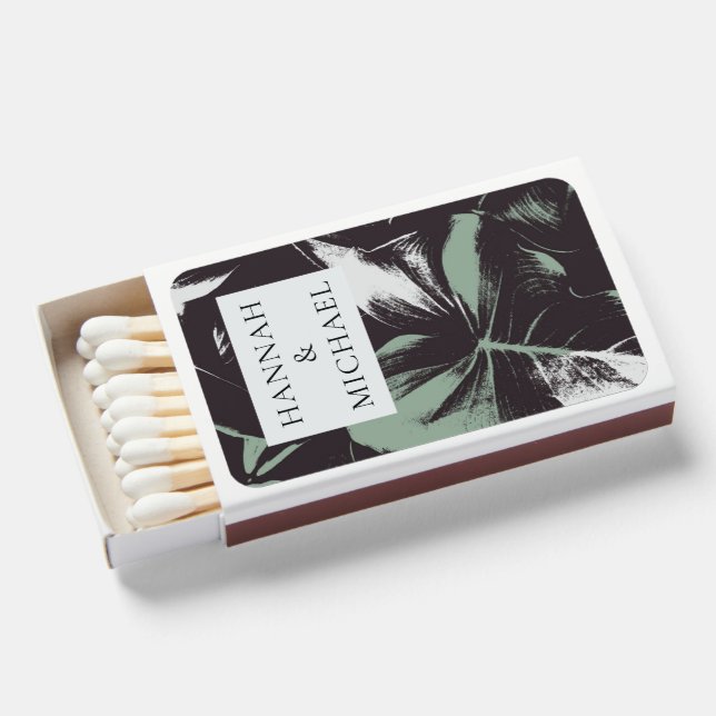Dusty Green Black Abstract Floral Wedding Matchboxes (Front Open)