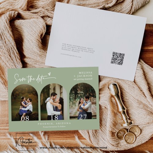 Dusty Green Boho Arch Photo QR Code Save the Date Invitation