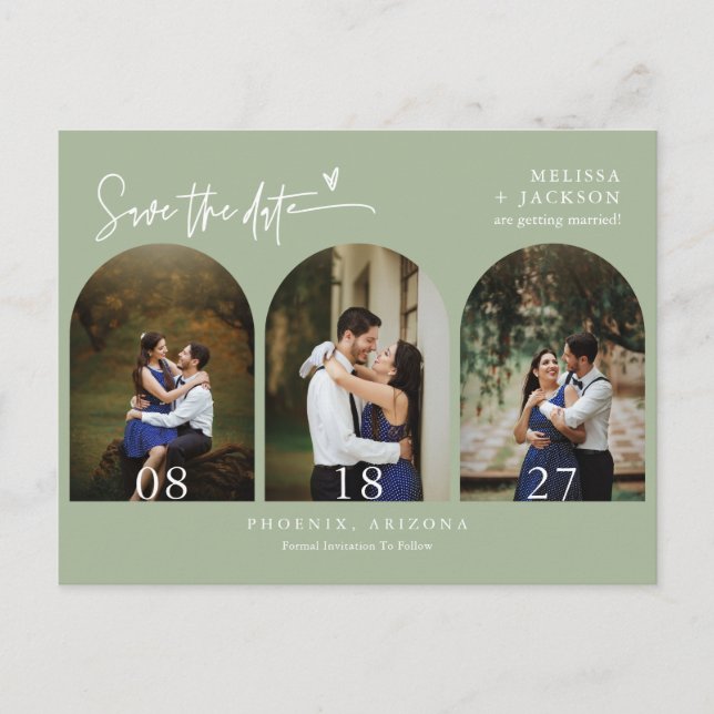 Dusty Green Boho Arch Photo QR Code Save the Date  Postcard (Front)