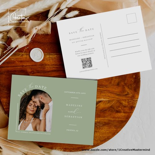 Dusty Green Boho Arch Photo QR Code Save the Date  Postcard