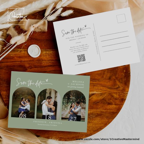 Dusty Green Boho Arch Photo QR Code Save the Date  Postcard