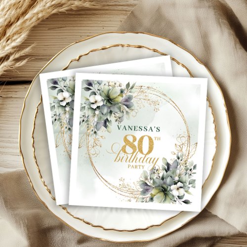 Dusty Green Boho Botanical 80th Birthday Party  Napkins