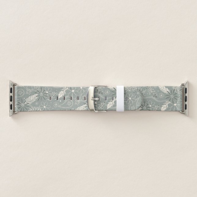 dusty green boho feathers flowers paislies pattern apple watch band (Band)