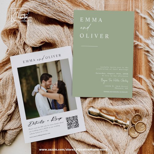 Dusty Green Boho Minimal Wedding Photo QR Code Invitation