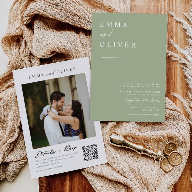 Dusty Green Boho Minimal Wedding Photo QR Code Invitation (Creator Uploaded)