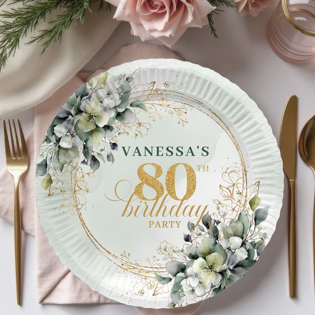 Dusty Green Botanical Foliage 80th Birthday Plates (Dusty Green Botanical Foliage 80th Birthday Plates)