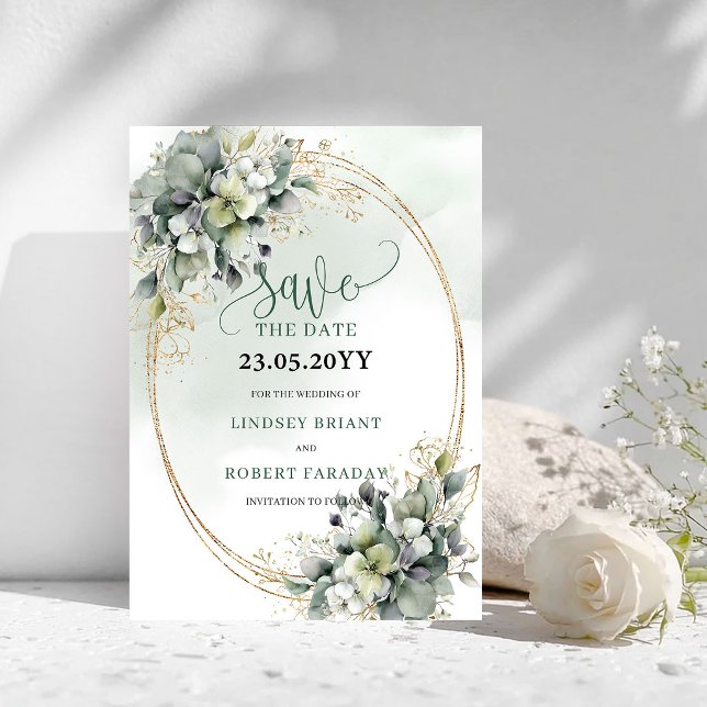 Dusty Green Botanical Gold Save The Date (Dusty Green Botanical Gold Save The Date)