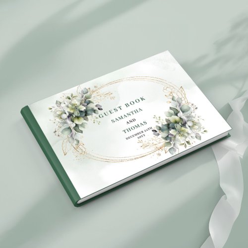 Dusty Green Botanical Green Gold Wedding Guest Boo Book