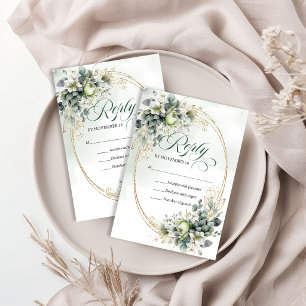 Dusty Green Botanical Green Gold Wedding Reply RSVP Card