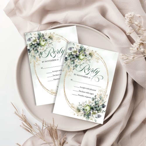 Dusty Green Botanical Green Gold Wedding Reply   RSVP Card