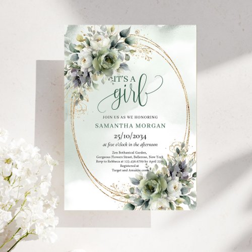 Dusty Green Botanical It’s A Girl Invitation