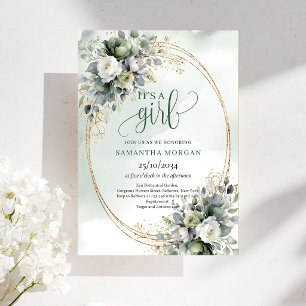 Dusty Green Botanical Theme It’s A Girl Invitation