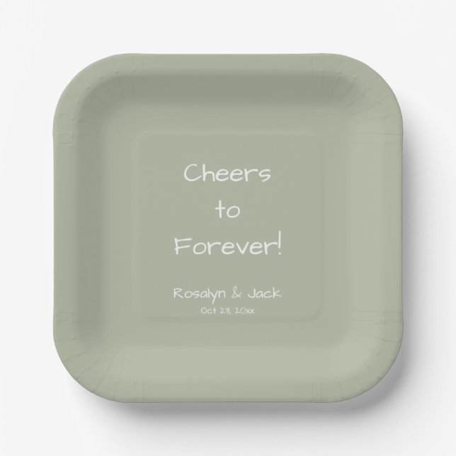 Dusty Green Casual Handwriting Cheers to Forever  Paper Plates (Front)