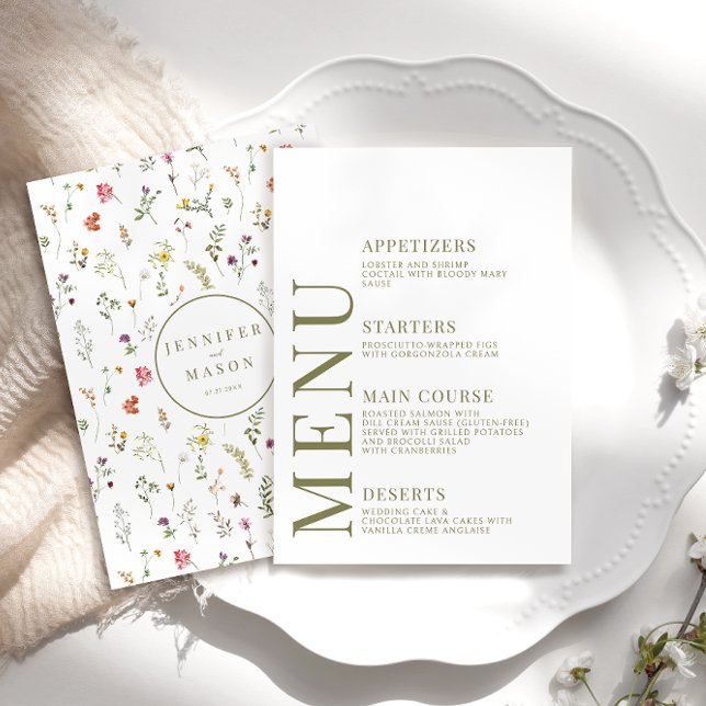Dusty green colorful wildflower wedding menu cards (Creator Uploaded)