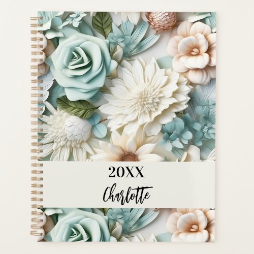 Dusty green cream florals name script 2024 planner