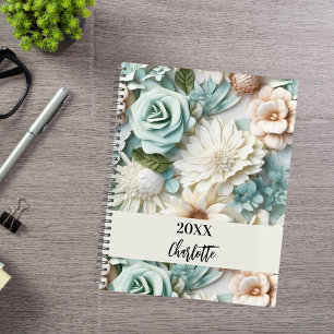 Dusty green cream florals name script planner
