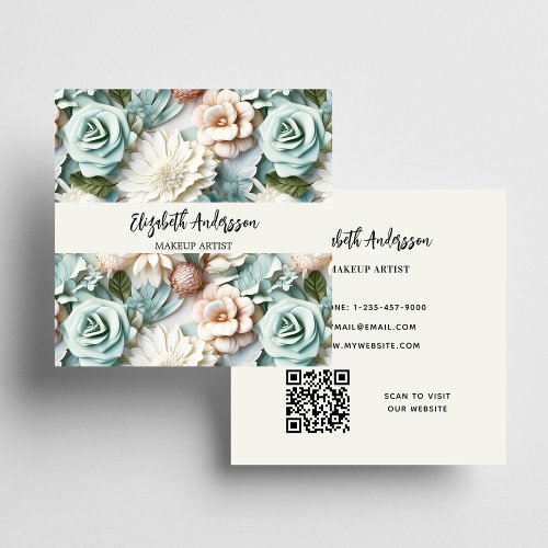 Dusty green cream florals photo QR logo Square Business Card