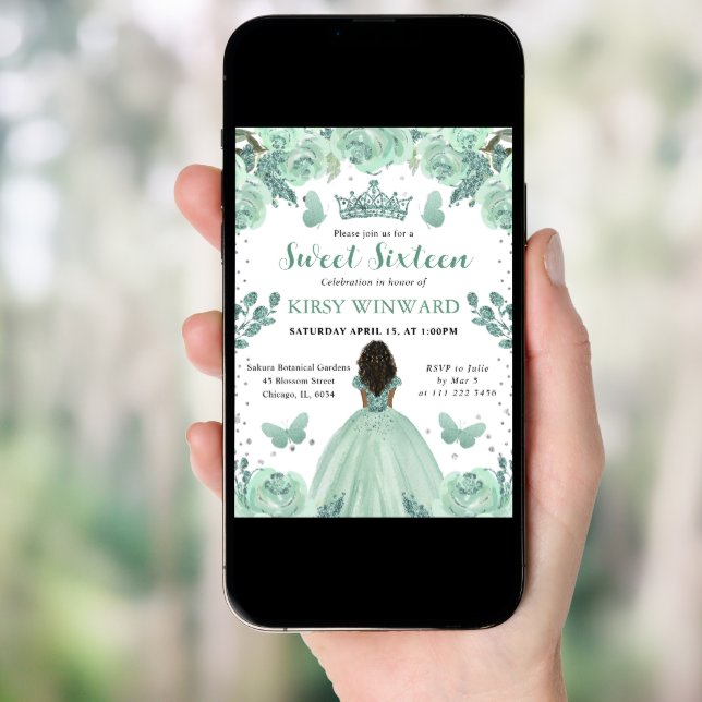 Dusty Green Dress Dark Skin Princess Sweet 16 Invitation (Front Digital)