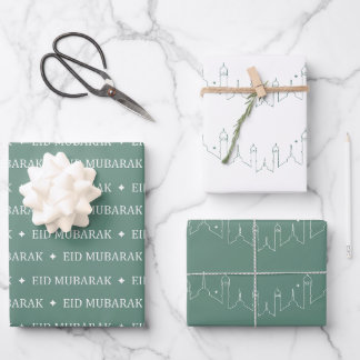 Dusty Green Eid Mubarak Masjid Pattern Design Wrapping Paper Sheets