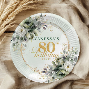 Dusty Green Eucalyptus 80th Birthday Botanical Paper Plates