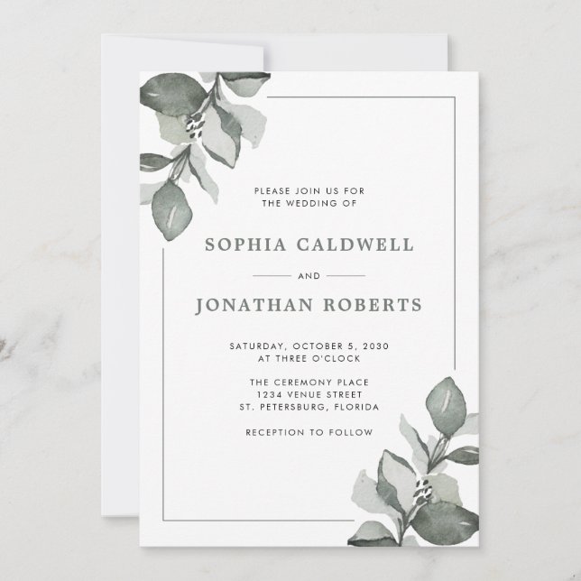 Dusty Green Eucalyptus All in One Elegant Wedding Invitation (Front)