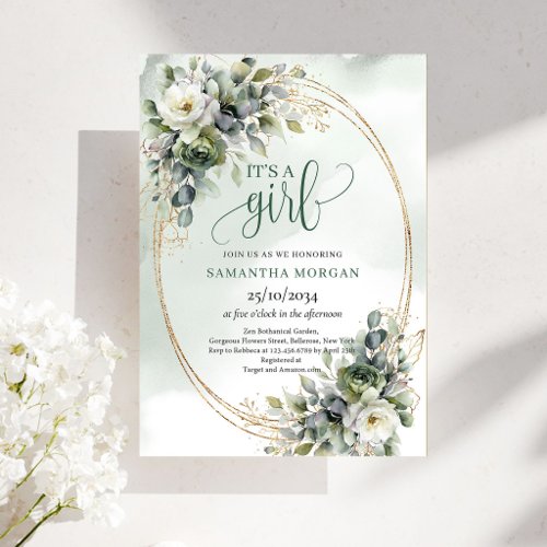 Dusty Green Eucalyptus Leaves It’s A Girl Invitati Invitation