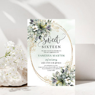 Dusty Green Eucalyptus Sweet 16 Gold Invitation