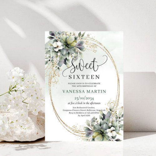 Dusty Green Eucalyptus Sweet 16 Gold Invitation