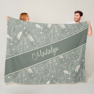 dusty green feathers paislies floral pattern fleece blanket
