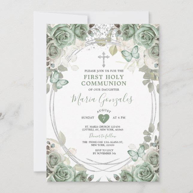 Dusty Green Floral First Holy Communion Invitation (Front)