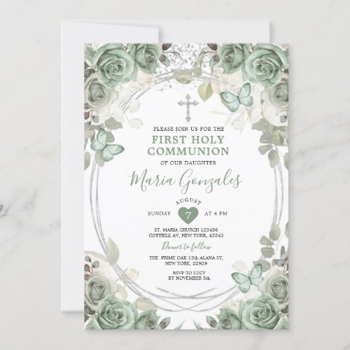 Dusty Green Floral First Holy Communion Invitation
