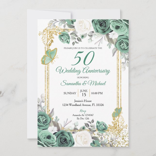 Dusty Green Floral Gold 50th Wedding Anniversary Invitation (Front)