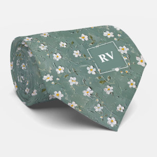 Dusty Green Floral Monogram Neck Tie