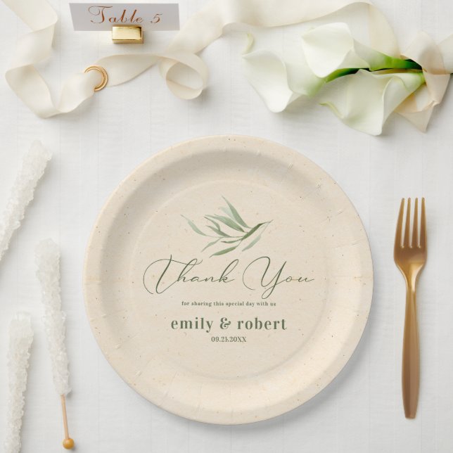 Dusty Green Foliage Beige Craft Paper  Paper Plates (Wedding)