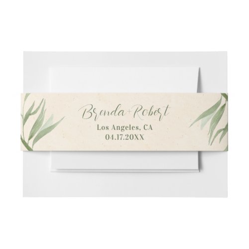 Dusty Green Foliage Beige Paper  Invitation Belly Band